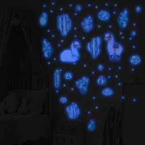 Adesivi murali luminosi alpaca e cactus, decalcomanie fluorescenti per decorare la camera.