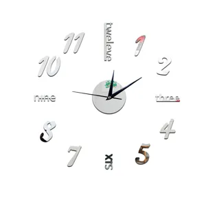 Acrylic DIY wall clock detail, modern mirror surface numbers and english time markers display.