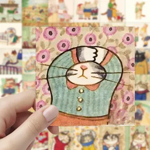 Cute cartoon cat sticker detail shot, retro picture book illustration, perfect for phone cases.