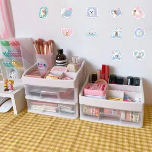 Desktop storage organizer plastic drawers with cute pet stickers for office and home.