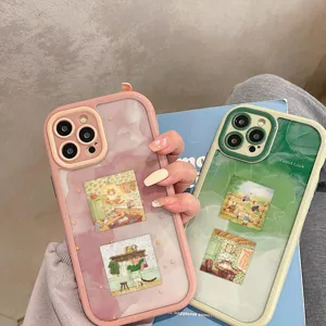 Detail view of cute cat illustration phone case with marble texture, stylish protective cover.