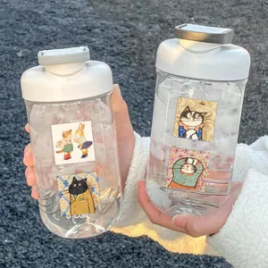 Clear plastic water cup with cute cartoon cat stickers, 550ml capacity with portable lid.