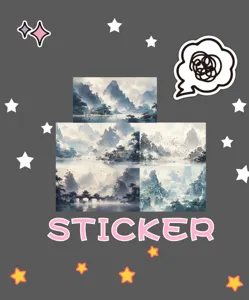 Chinese ink landscape journal stickers detail view, aesthetic waterproof decorative scenic art.