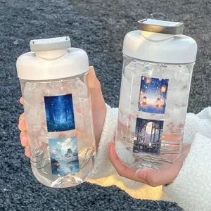 Close-up detail showing aesthetic art stickers attached to transparent water bottles with ice.