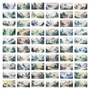 60 pieces Chinese landscape watercolor stickers detail showcasing aesthetic ink painting art.
