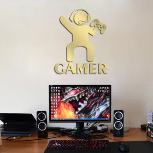 3D acrylic gamer wall sticker, golden mirror game player sign for kids room decor detail view.