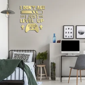 Acrylic mirror wall sticker featuring level up quote and game controller design for kids room.