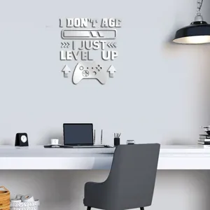 Acrylic 3D mirror wall sticker with game controller design and inspiring quote text for kids room.