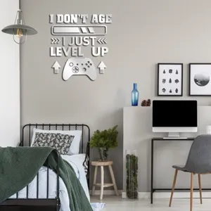Acrylic mirror wall sticker with gaming controller and level up text design for kids room decor.