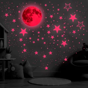 Glow in the dark moon and stars wall stickers for kids bedroom nursery room decor.