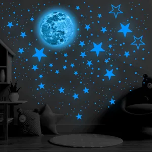 Luminous moon and stars wall stickers for kids bedroom glow in the dark fluorescent decor.