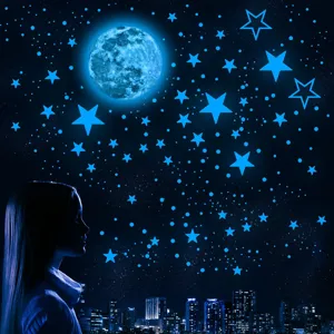 Glow in the dark moon and stars wall stickers for kids bedroom decor, blue luminous stickers.