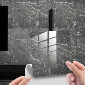 Dark grey marble texture tile sticker waterproof peel and stick wall floor decor for home.
