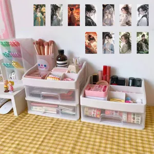 Desktop plastic storage organizer with multi-tier drawers and aesthetic ancient style sticker set.