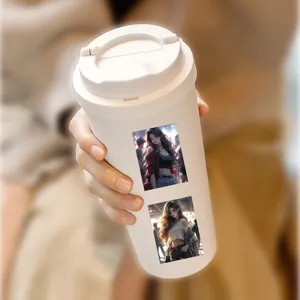Detailed view of high definition cute anime girl decorative stickers on white travel mug.