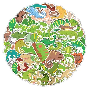 Close-up detail of cute cartoon lizard and gecko waterproof stickers for DIY decor.