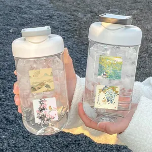 Portable plastic water bottle with retro ancient Chinese style stickers, large capacity design.
