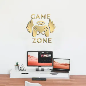 Gold acrylic 3D game zone wall sticker with controller design for kid room decor.