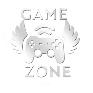 Close-up of GAME ZONE acrylic mirror wall sticker featuring gamepad design with wings.