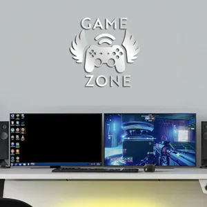 Detailed view of the 3D mirror acrylic Game Zone wall sticker mounted above a modern desk setup.