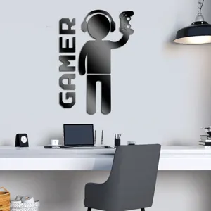 Acrylic gamer wall mirror sticker detail showing stylized player and controller design for room decor.