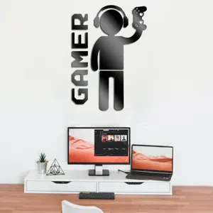 Close-up detail of the acrylic mirror wall sticker featuring GAMER text and game figure.