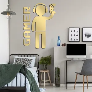 Gold acrylic gamer wall sticker, mirror finish gaming decor for bedroom and living room.