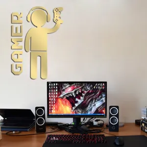 Acrylic gamer wall sticker with controller silhouette and text, perfect for bedroom decor.