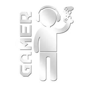 Acrylic mirror wall sticker detail featuring a gamer silhouette with headphones and controller.