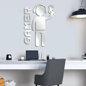 Acrylic mirror wall sticker detail showing gamer figure and text design for modern room decor.