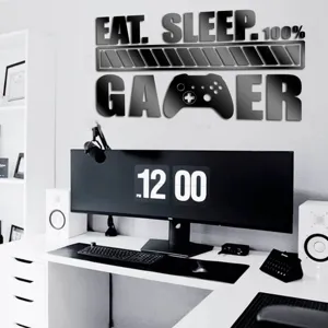 Detail shot of the acrylic mirror wall sticker featuring gamer quote design above a modern desk.