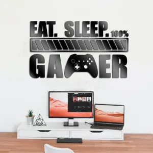 Acrylic mirror wall sticker for gamer room decor, eat sleep gamer design detail view.