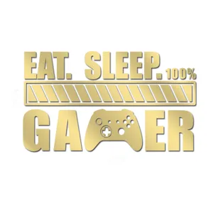 Gold acrylic game wall sticker, eat sleep gamer design, perfect for bedroom home decor.