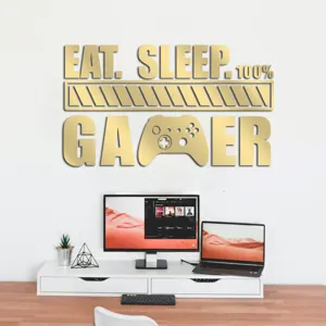 Detailed view of gold acrylic mirror gamer wall sticker featuring text and controller design.