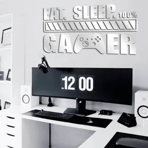 Acrylic mirror gaming wall sticker featuring eat sleep gamer quote for modern bedroom decor.