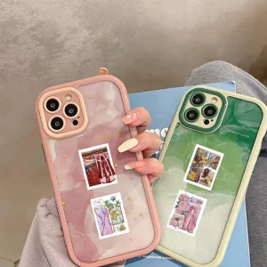 Aesthetic ancient style storyboard illustration decorative phone case detail view, pink and green.