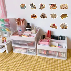 Korean cute dessert stickers and desktop plastic storage box set for stationery and makeup.