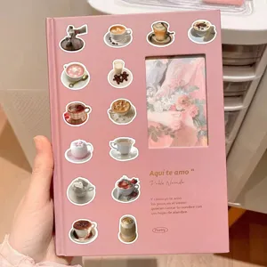 Pink aesthetic journal planner with coffee cup illustrations and Spanish poetry quote cover.