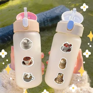Frosted plastic water bottle with straw and cute coffee stickers, portable drinkware.