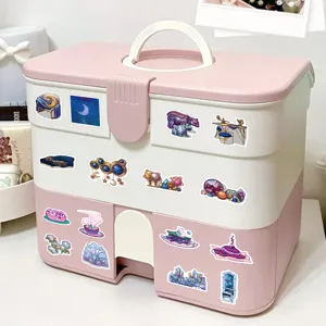 Multi-tier pink plastic storage box organizer with cute colorful cartoon stickers for desk.
