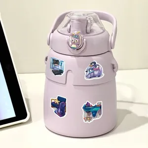 Detail shot of cute purple water bottle with lovely cartoon stickers and bunny lid decoration.