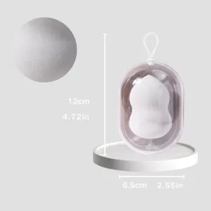 Capsule makeup sponge storage box with portable puff container, clear dustproof design.