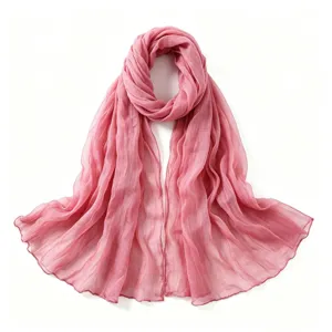 Rose uni léger coton lin froissé écharpe respirante printemps automne châle pour femmes