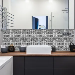 3D tile stickers black and white backsplash peel and stick wall decals for kitchen bathroom.