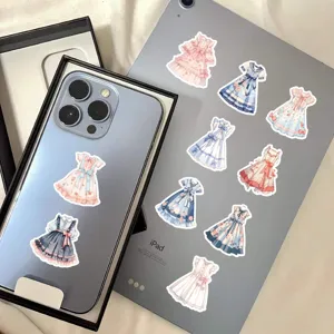 Detailed view of cute watercolor Lolita dress stickers for decorating phone cases and notebooks.