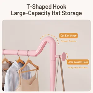Pink metal garment rack with T-shaped hook for bedroom dorm clothes and hat storage