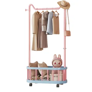 Dopamine mobile clothes rack floor standing bedroom coat rack with storage basket and wheels