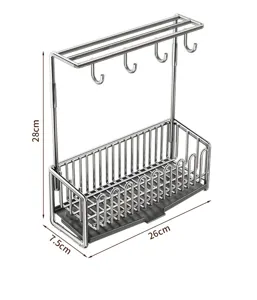 Stainless steel kitchen sink caddy with hanging hooks and drip tray for sponge storage.