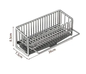 Stainless steel kitchen sink sponge holder with drainage tray and towel hanging bar storage.