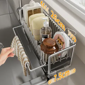 Stainless steel kitchen sink sponge holder caddy with towel bar for soap and brush organizer